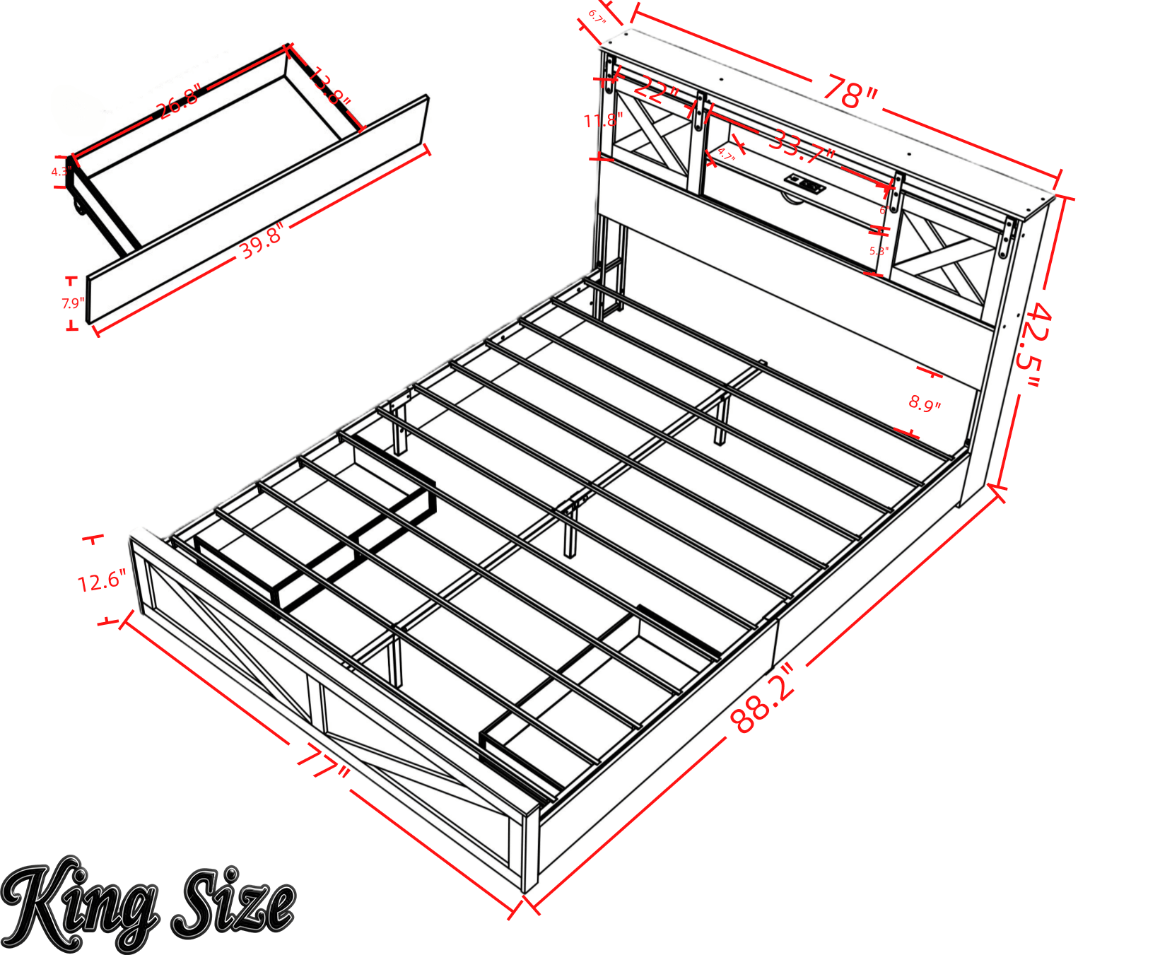 Bellemave® Farmhouse Queen Bed Frame with Storage Drawers & Bookcase Headboard - LED Lights, USB Charging Station, Sliding Barn Door, Wooden Platform Bed No Box Spring Needed Rustic Oak Bedroom Furniture Set - Bellemave