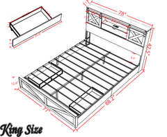 Bellemave® Farmhouse Queen Bed Frame with Storage Drawers & Bookcase Headboard - LED Lights, USB Charging Station, Sliding Barn Door, Wooden Platform Bed No Box Spring Needed Rustic Oak Bedroom Furniture Set - Bellemave