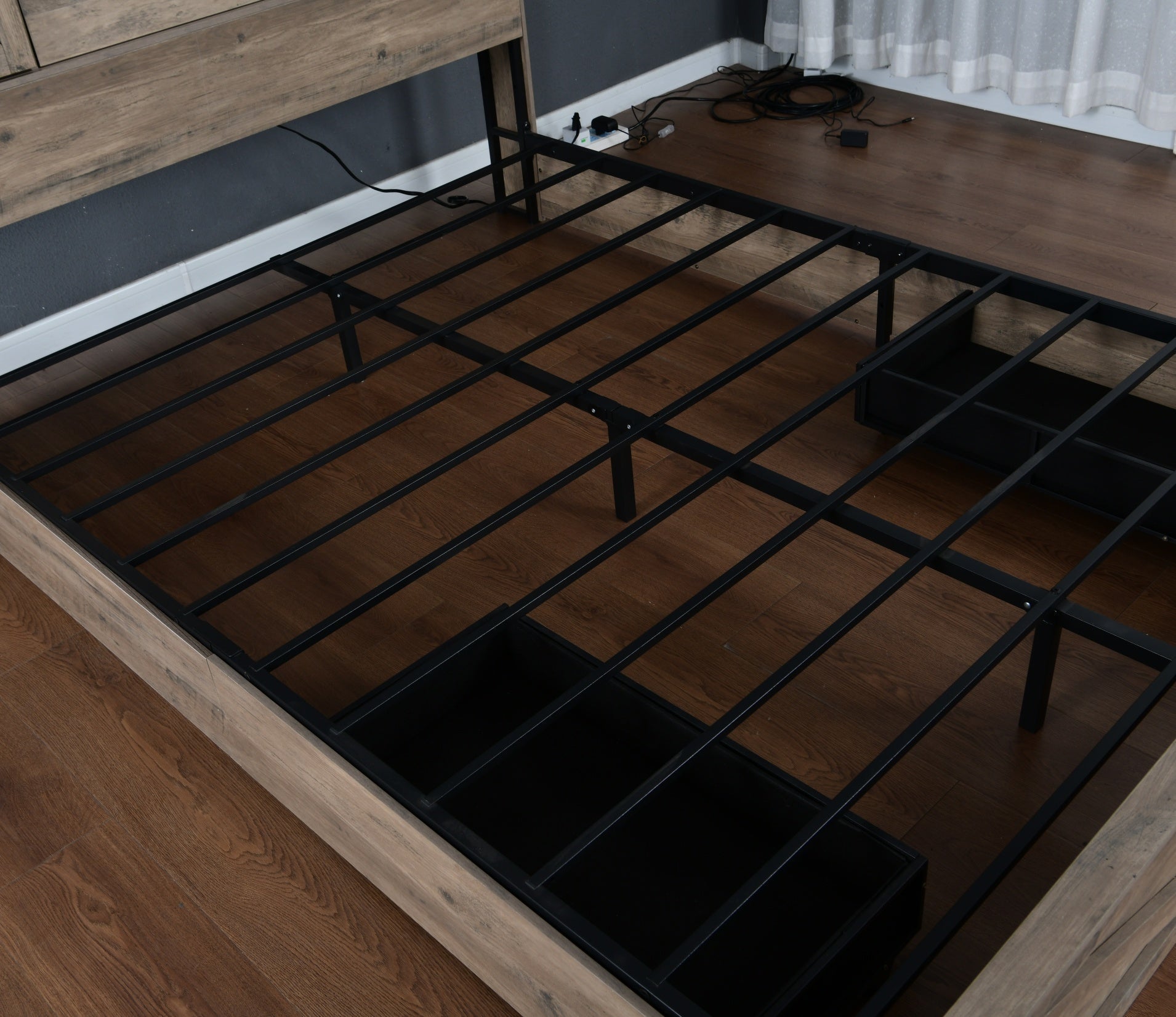 Bellemave® Farmhouse Queen Bed Frame with Storage Drawers & Bookcase Headboard - LED Lights, USB Charging Station, Sliding Barn Door, Wooden Platform Bed No Box Spring Needed Rustic Oak Bedroom Furniture Set - Bellemave