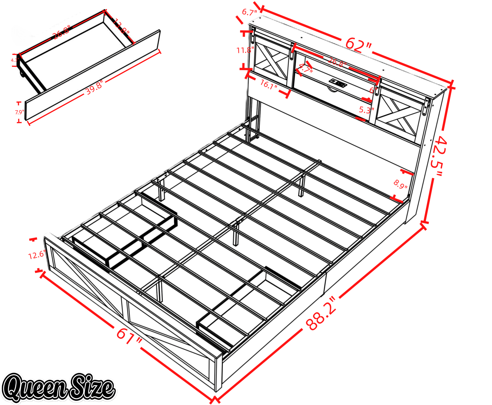 Bellemave® Farmhouse Queen Bed Frame with Storage Drawers & Bookcase Headboard - LED Lights, USB Charging Station, Sliding Barn Door, Wooden Platform Bed No Box Spring Needed Rustic Oak Bedroom Furniture Set - Bellemave