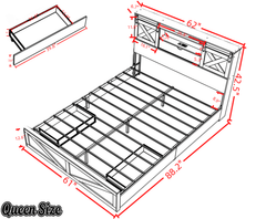 Bellemave® Farmhouse Queen Bed Frame with Storage Drawers & Bookcase Headboard - LED Lights, USB Charging Station, Sliding Barn Door, Wooden Platform Bed No Box Spring Needed Rustic Oak Bedroom Furniture Set - Bellemave