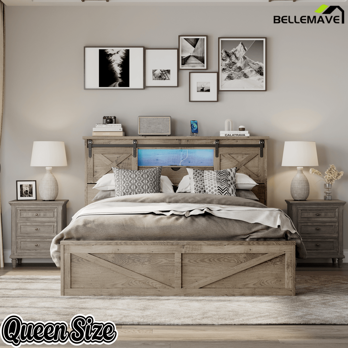 Bellemave® Farmhouse Queen Bed Frame with Storage Drawers & Bookcase Headboard - LED Lights, USB Charging Station, Sliding Barn Door, Wooden Platform Bed No Box Spring Needed Rustic Oak Bedroom Furniture Set - Bellemave