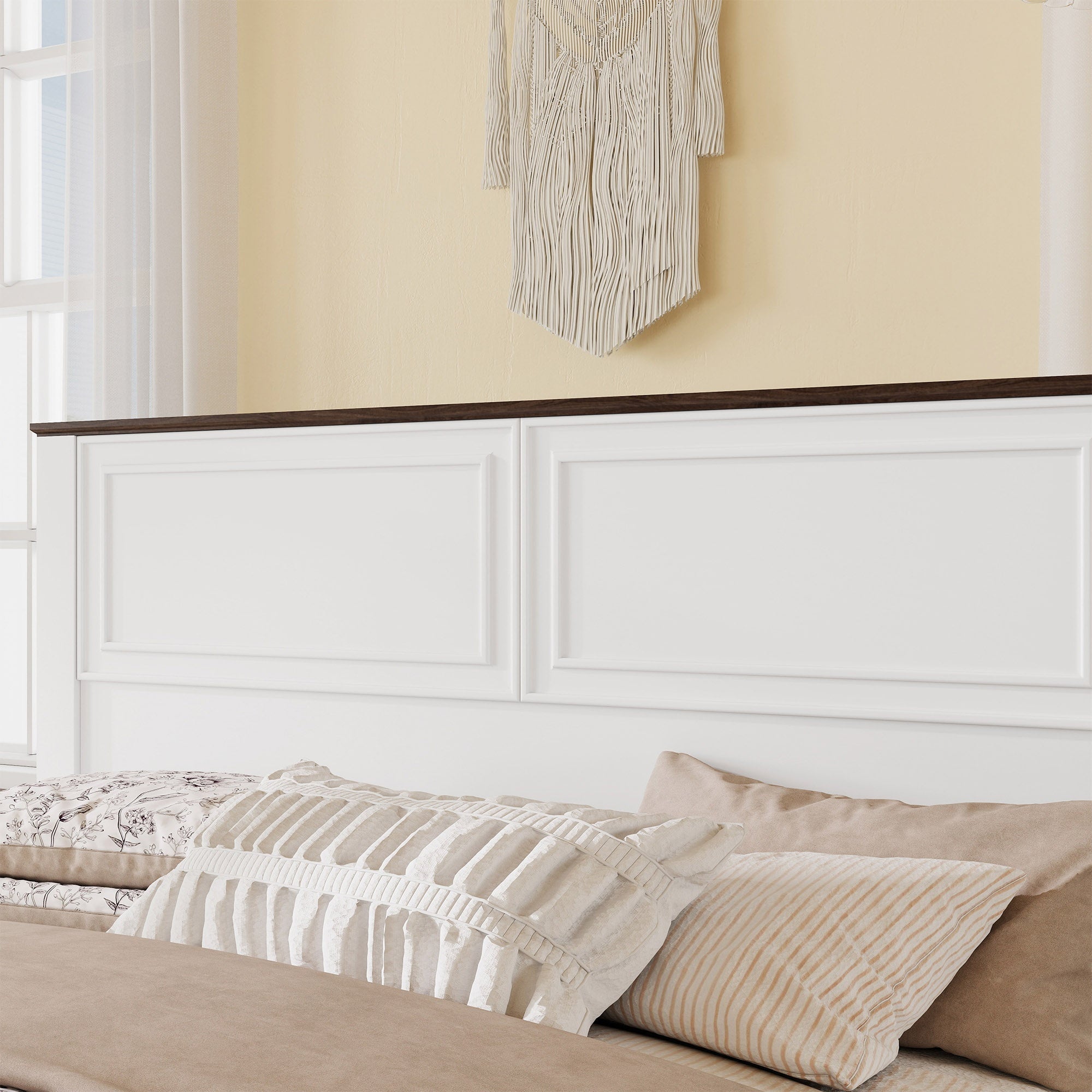 Bellemave® Farmhouse Queen Bed with 3D Geometric Headboard & Storage Bench, Rustic Wood Queen Platform Bed with Storage Chest & 2 Large Drawers - Bellemave