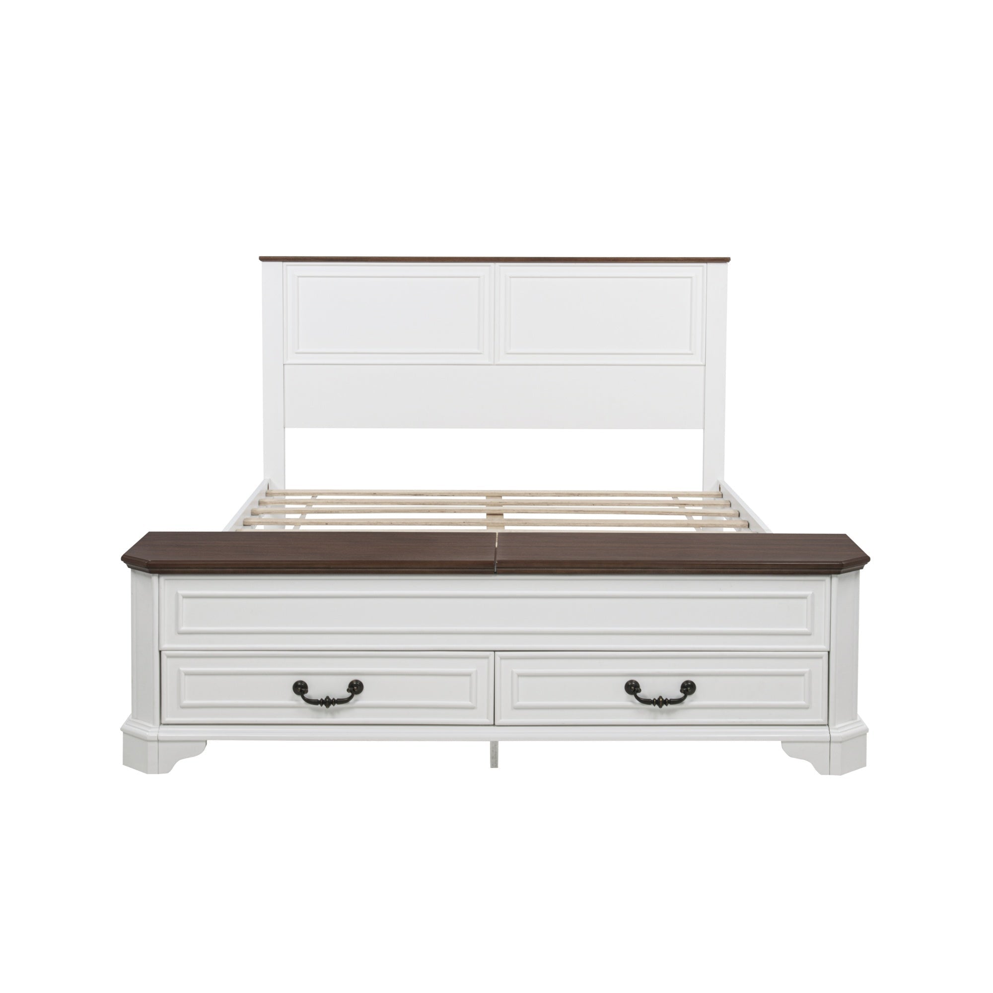 Bellemave® Farmhouse Queen Bed with 3D Geometric Headboard & Storage Bench, Rustic Wood Queen Platform Bed with Storage Chest & 2 Large Drawers - Bellemave