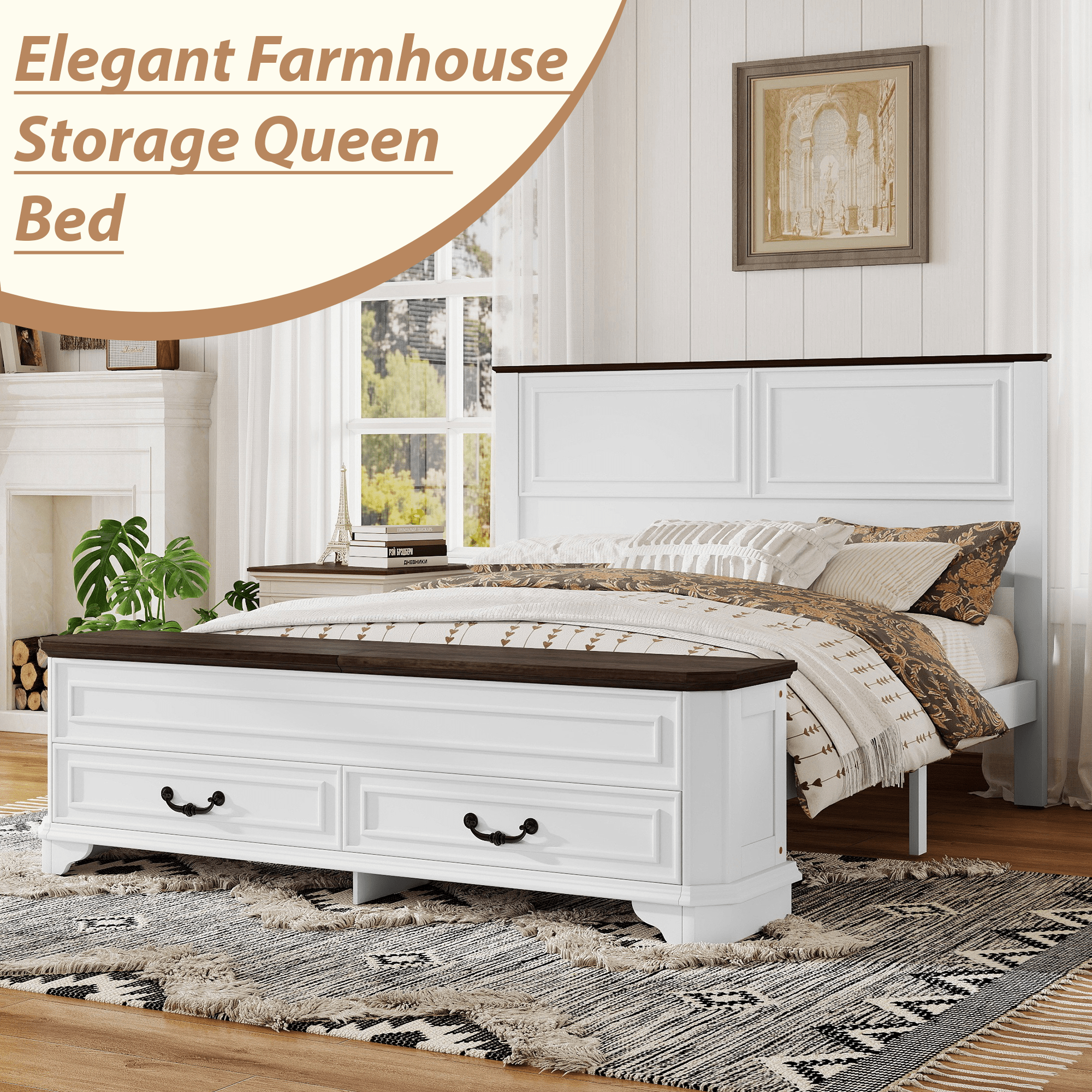 Bellemave® Farmhouse Queen Bed with 3D Geometric Headboard & Storage Bench, Rustic Wood Queen Platform Bed with Storage Chest & 2 Large Drawers - Bellemave