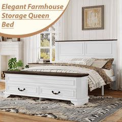 Bellemave® Farmhouse Queen Bed with 3D Geometric Headboard & Storage Bench, Rustic Wood Queen Platform Bed with Storage Chest & 2 Large Drawers - Bellemave