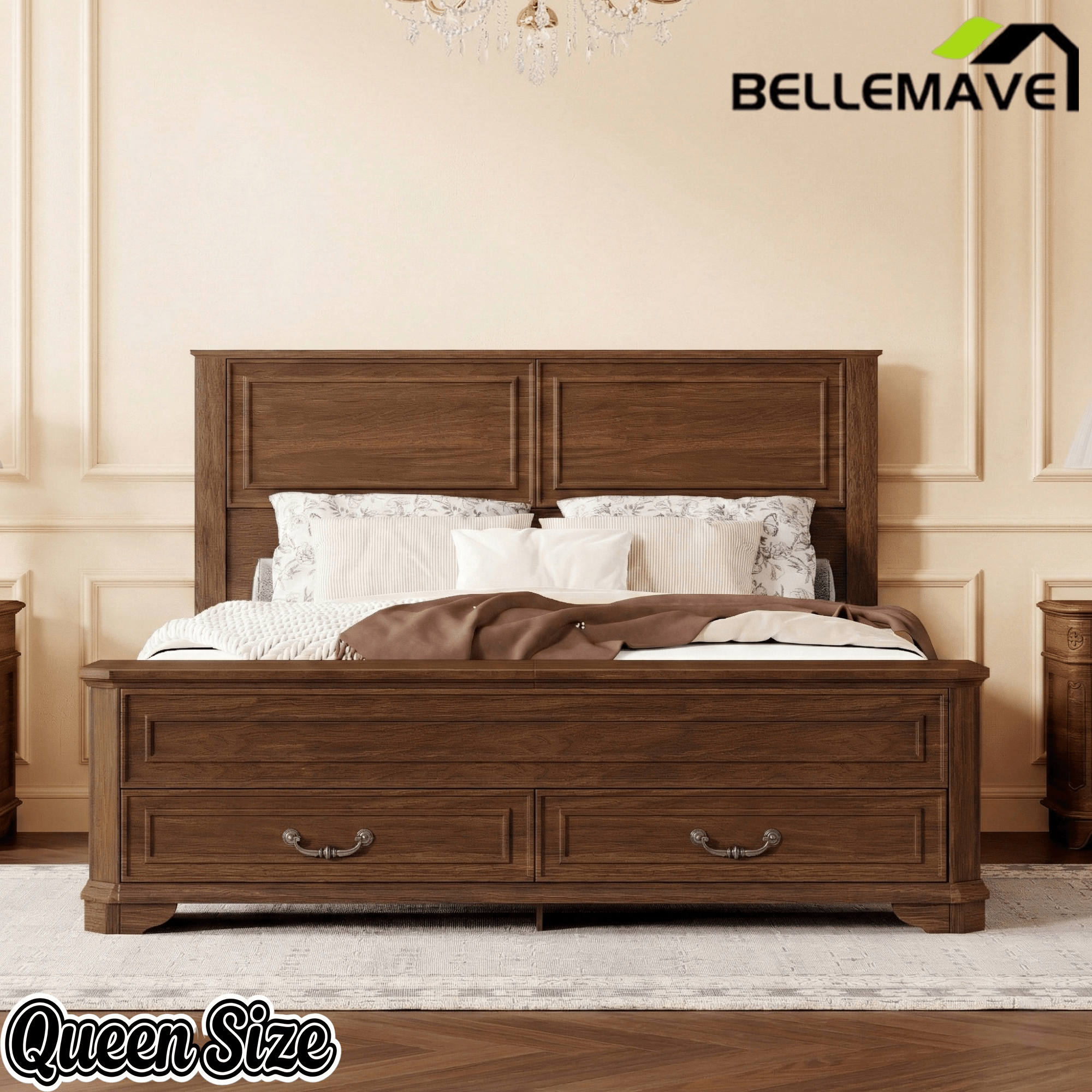 Bellemave® Farmhouse Queen Bed with 3D Geometric Headboard & Storage Bench, Rustic Wood Queen Platform Bed with Storage Chest & 2 Large Drawers - Bellemave