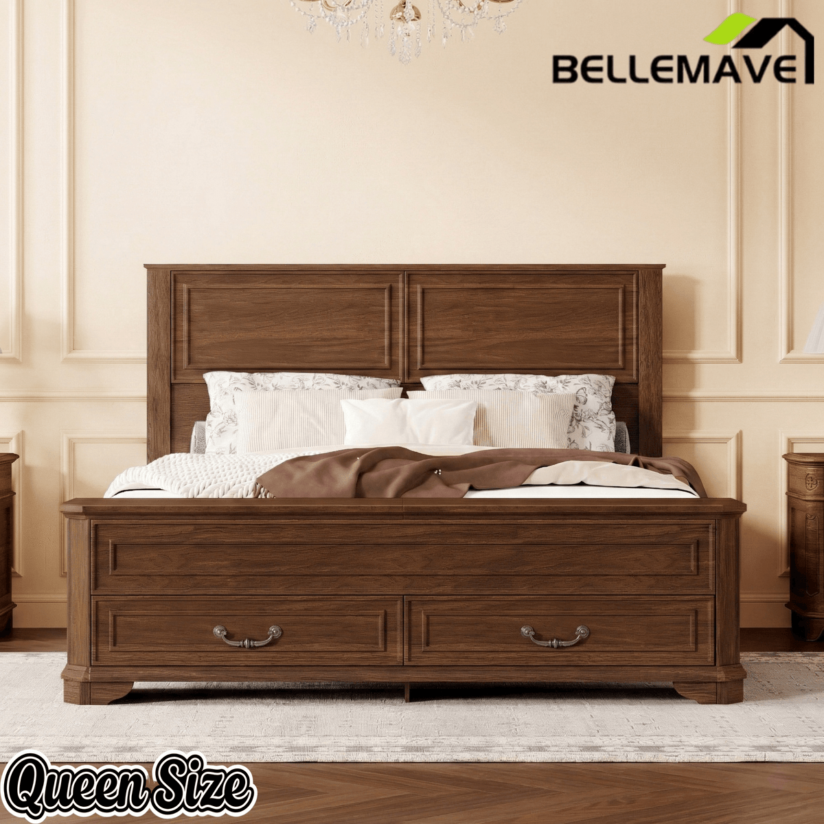 Bellemave® Farmhouse Queen Bed with 3D Geometric Headboard & Storage Bench, Rustic Wood Queen Platform Bed with Storage Chest & 2 Large Drawers - Bellemave