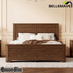 Bellemave® Farmhouse Queen Bed with 3D Geometric Headboard & Storage Bench, Rustic Wood Queen Platform Bed with Storage Chest & 2 Large Drawers - Bellemave