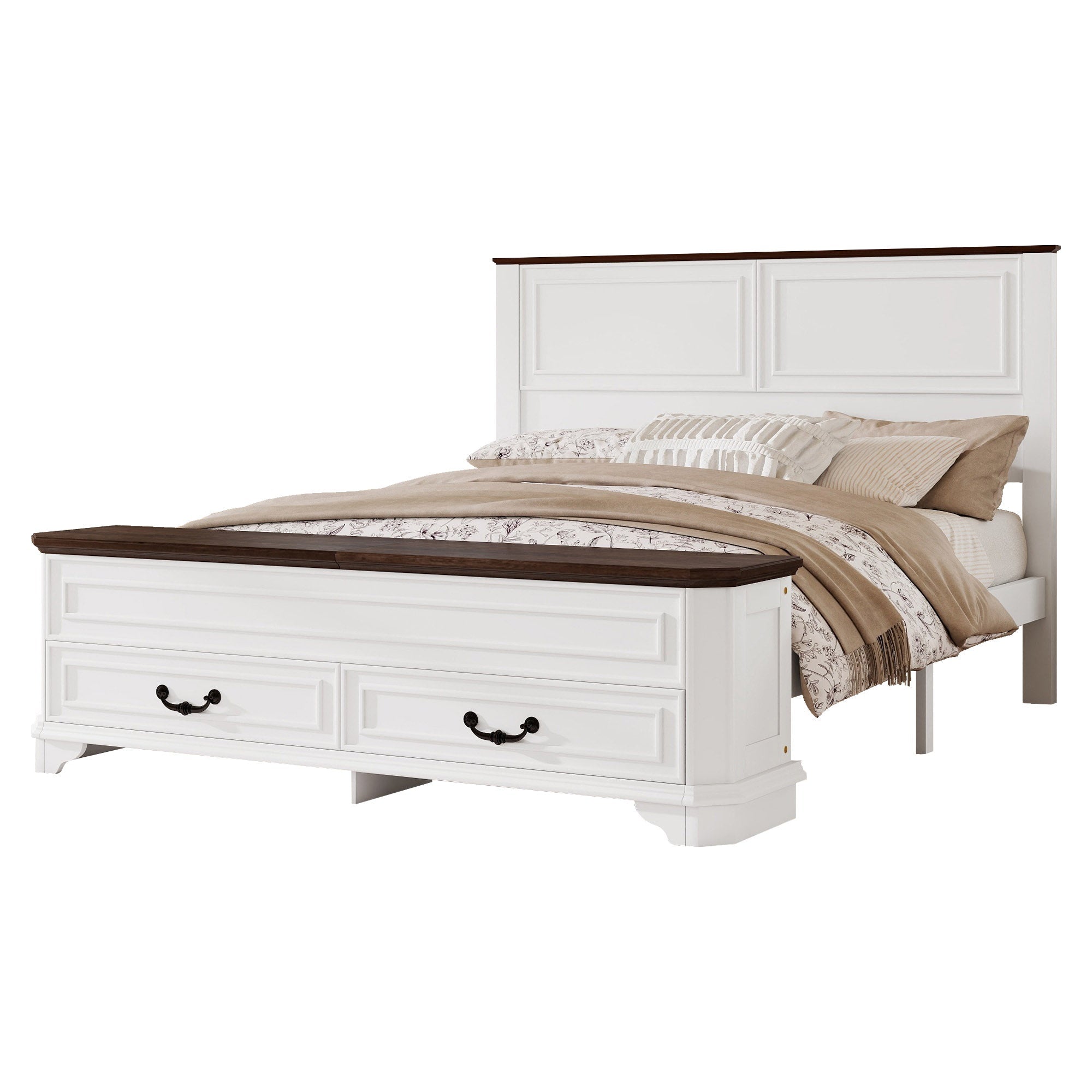 Bellemave® Farmhouse Queen Bed with 3D Geometric Headboard & Storage Bench, Rustic Wood Queen Platform Bed with Storage Chest & 2 Large Drawers - Bellemave