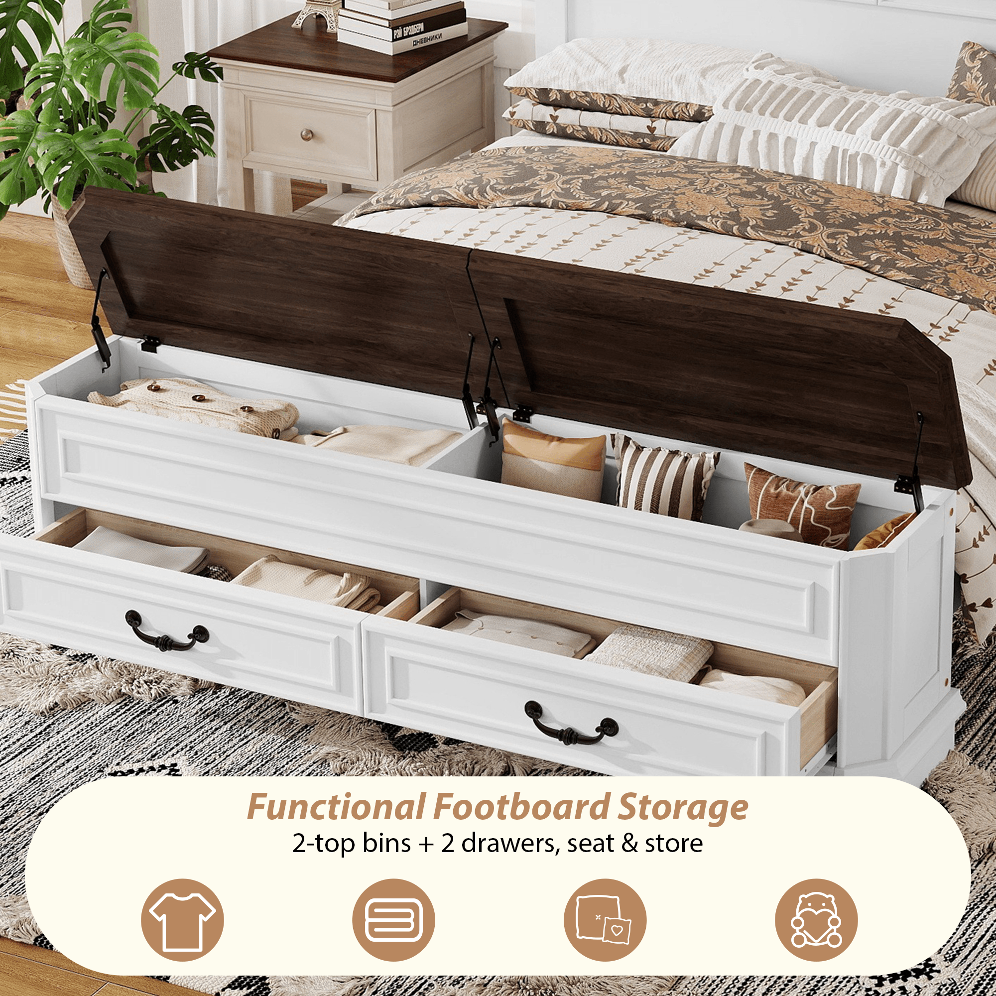 Bellemave® Farmhouse Queen Bed with 3D Geometric Headboard & Storage Bench, Rustic Wood Queen Platform Bed with Storage Chest & 2 Large Drawers - Bellemave