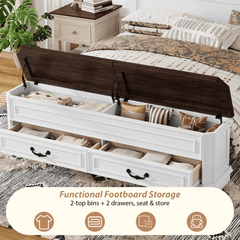 Bellemave® Farmhouse Queen Bed with 3D Geometric Headboard & Storage Bench, Rustic Wood Queen Platform Bed with Storage Chest & 2 Large Drawers - Bellemave