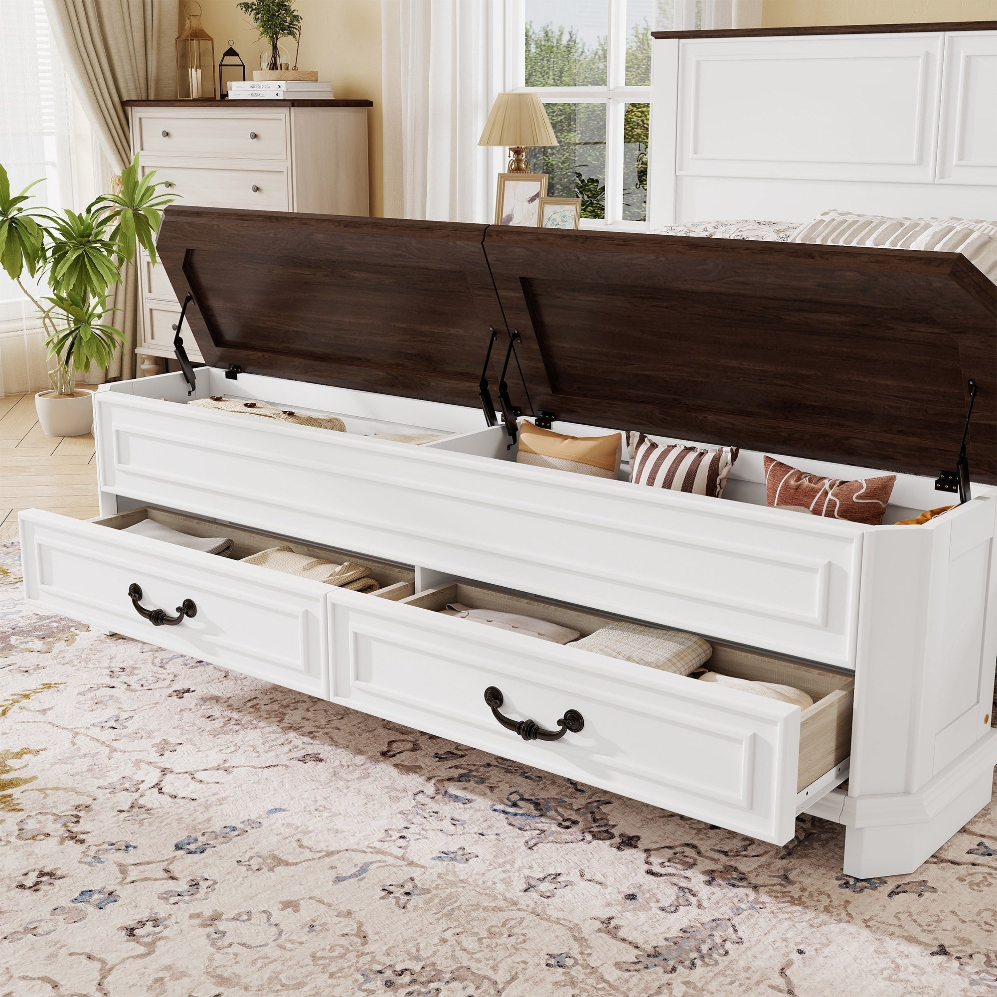 Bellemave® Farmhouse Queen Bed with 3D Geometric Headboard & Storage Bench, Rustic Wood Queen Platform Bed with Storage Chest & 2 Large Drawers - Bellemave