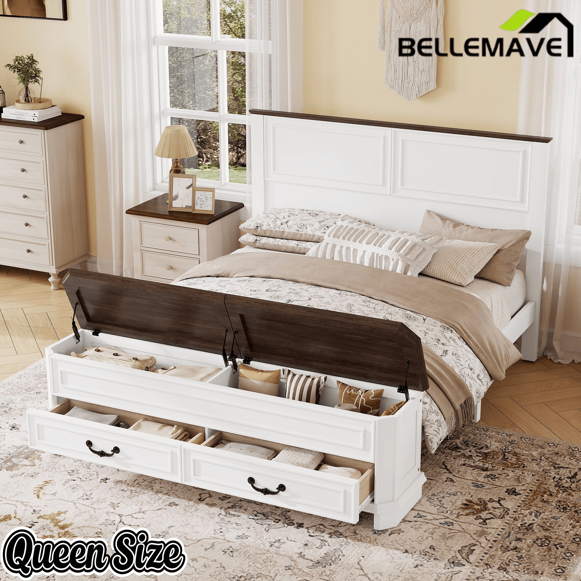 Bellemave® Farmhouse Queen Bed with 3D Geometric Headboard & Storage Bench, Rustic Wood Queen Platform Bed with Storage Chest & 2 Large Drawers - Bellemave