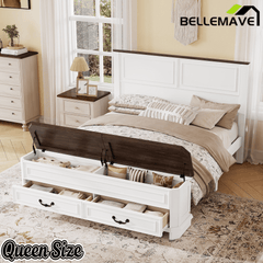 Bellemave® Farmhouse Queen Bed with 3D Geometric Headboard & Storage Bench, Rustic Wood Queen Platform Bed with Storage Chest & 2 Large Drawers - Bellemave
