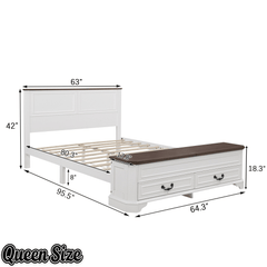 Bellemave® Farmhouse Queen Bed with 3D Geometric Headboard & Storage Bench, Rustic Wood Queen Platform Bed with Storage Chest & 2 Large Drawers - Bellemave