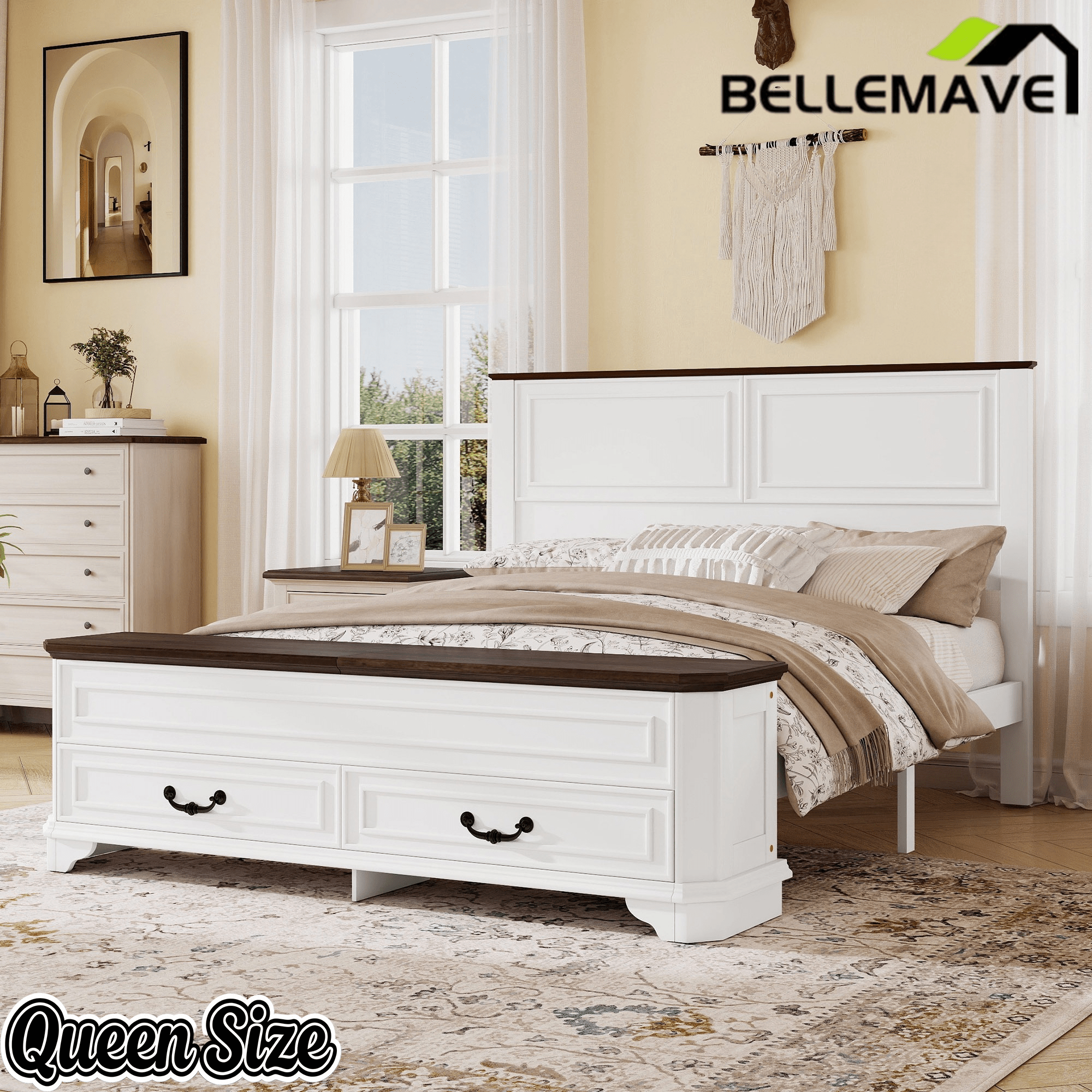Bellemave® Farmhouse Queen Bed with 3D Geometric Headboard & Storage Bench, Rustic Wood Queen Platform Bed with Storage Chest & 2 Large Drawers - Bellemave
