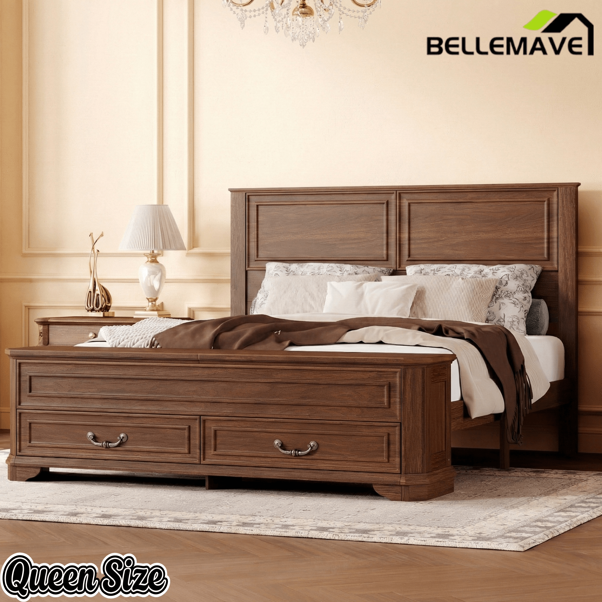 Bellemave® Farmhouse Queen Bed with 3D Geometric Headboard & Storage Bench, Rustic Wood Queen Platform Bed with Storage Chest & 2 Large Drawers - Bellemave