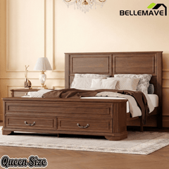 Bellemave® Farmhouse Queen Bed with 3D Geometric Headboard & Storage Bench, Rustic Wood Queen Platform Bed with Storage Chest & 2 Large Drawers - Bellemave