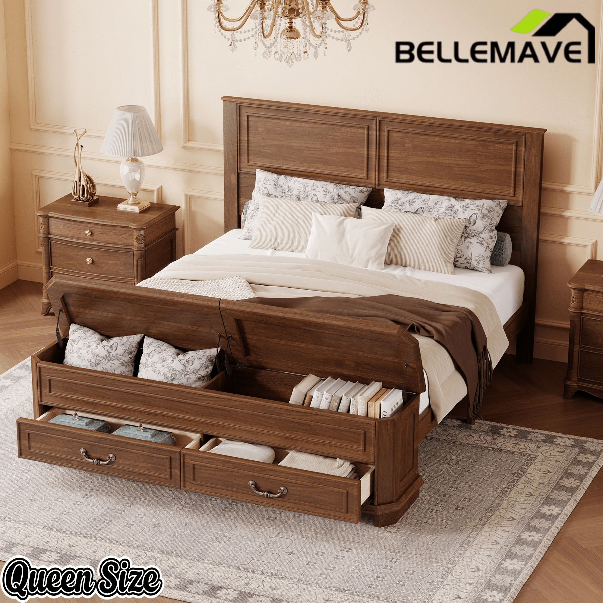 Bellemave® Farmhouse Queen Bed with 3D Geometric Headboard & Storage Bench, Rustic Wood Queen Platform Bed with Storage Chest & 2 Large Drawers - Bellemave