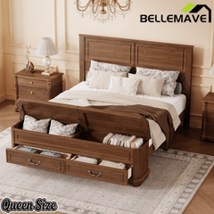 Bellemave® Farmhouse Queen Bed with 3D Geometric Headboard & Storage Bench, Rustic Wood Queen Platform Bed with Storage Chest & 2 Large Drawers - Bellemave
