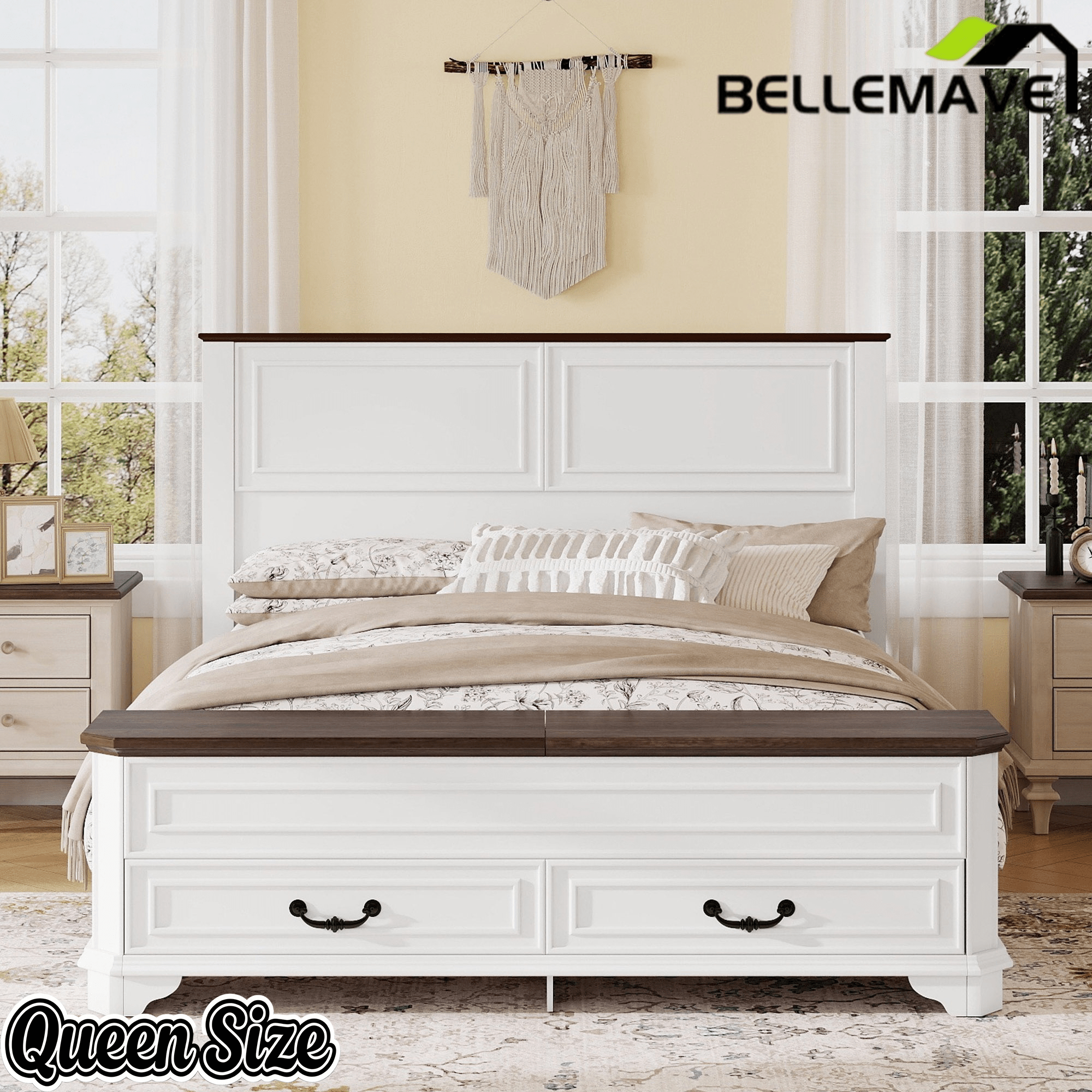 Bellemave® Farmhouse Queen Bed with 3D Geometric Headboard & Storage Bench, Rustic Wood Queen Platform Bed with Storage Chest & 2 Large Drawers - Bellemave