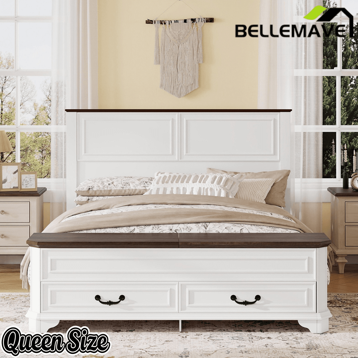 Bellemave® Farmhouse Queen Bed with 3D Geometric Headboard & Storage Bench, Rustic Wood Queen Platform Bed with Storage Chest & 2 Large Drawers - Bellemave