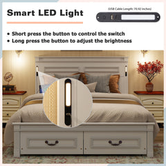 Bellemave® Farmhouse Solid Wood Platform Bed with 2 Storage Drawers,Tall Headboard,LED Lights & USB Charging Station - Bellemave