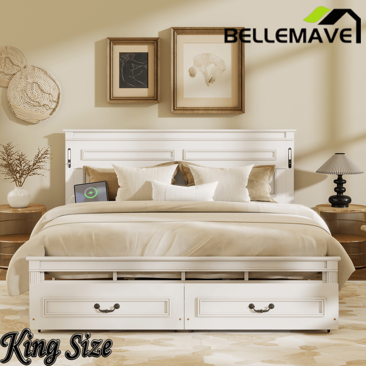 Bellemave® Farmhouse Solid Wood Platform Bed with 2 Storage Drawers,Tall Headboard,LED Lights & USB Charging Station - Bellemave