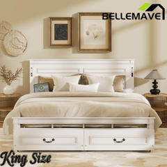 Bellemave® Farmhouse Solid Wood Platform Bed with 2 Storage Drawers,Tall Headboard,LED Lights & USB Charging Station - Bellemave