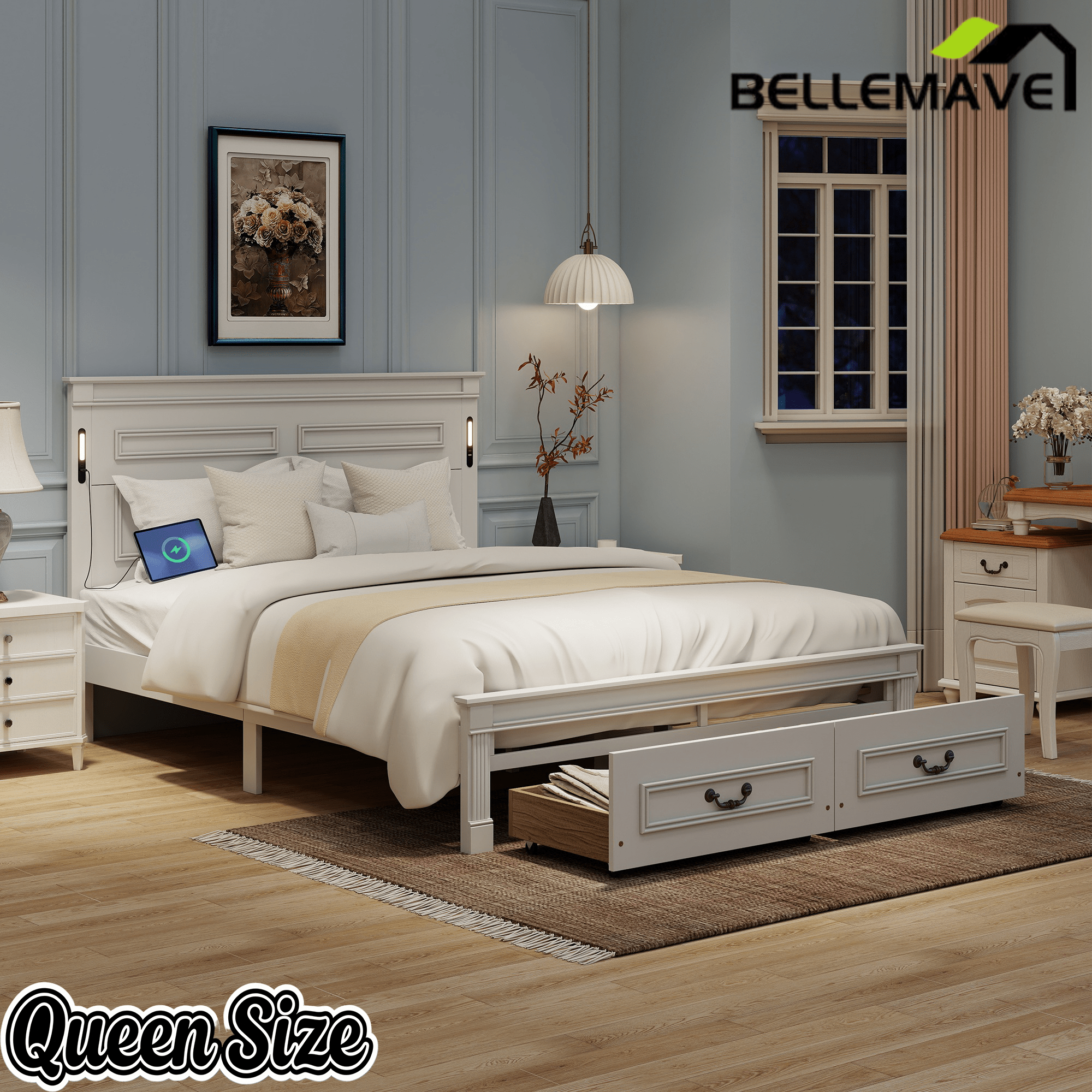 Bellemave® Farmhouse Solid Wood Platform Bed with 2 Storage Drawers,Tall Headboard,LED Lights & USB Charging Station - Bellemave