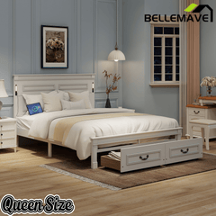 Bellemave® Farmhouse Solid Wood Platform Bed with 2 Storage Drawers,Tall Headboard,LED Lights & USB Charging Station - Bellemave