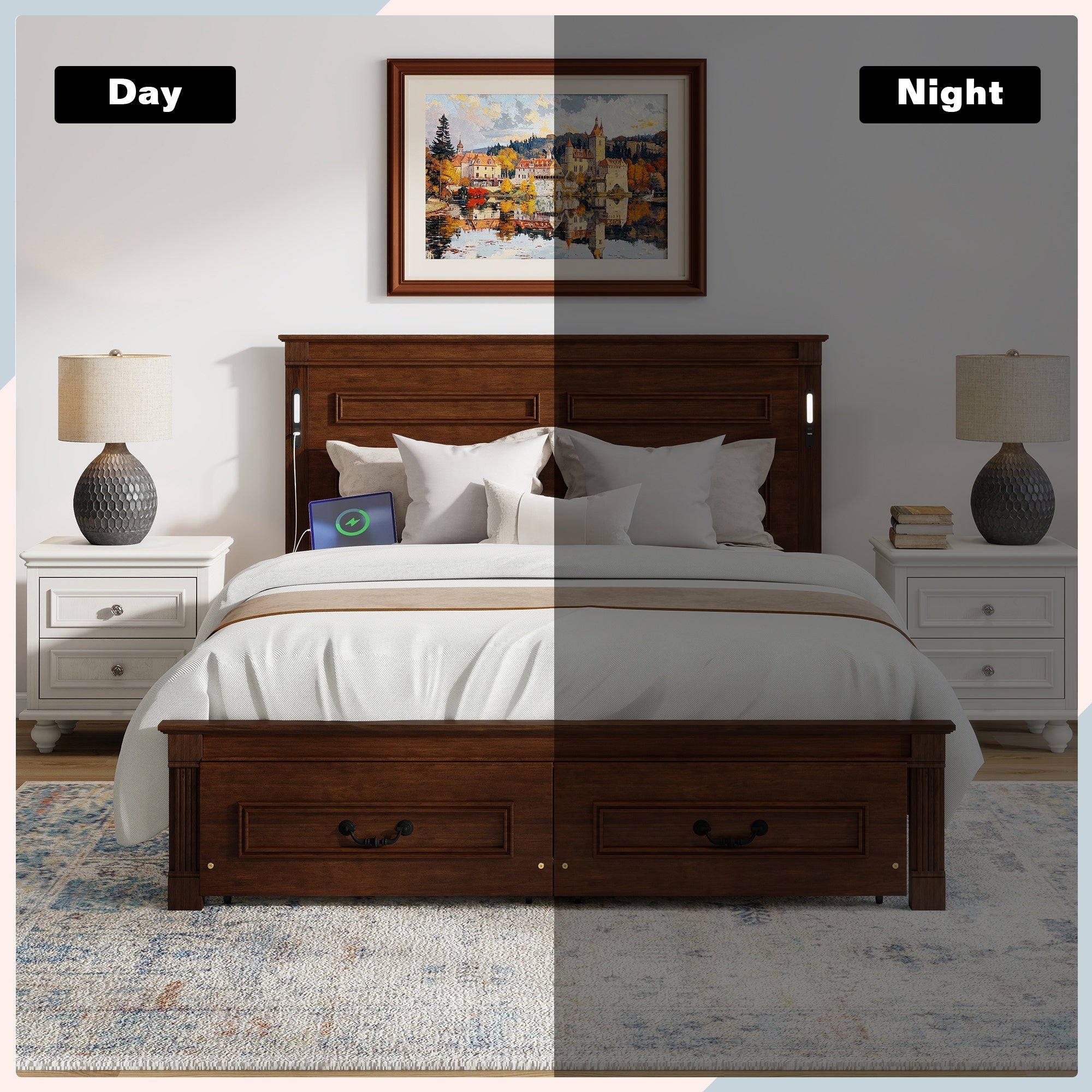 Bellemave® Farmhouse Solid Wood Platform Bed with 2 Storage Drawers,Tall Headboard,LED Lights & USB Charging Station - Bellemave