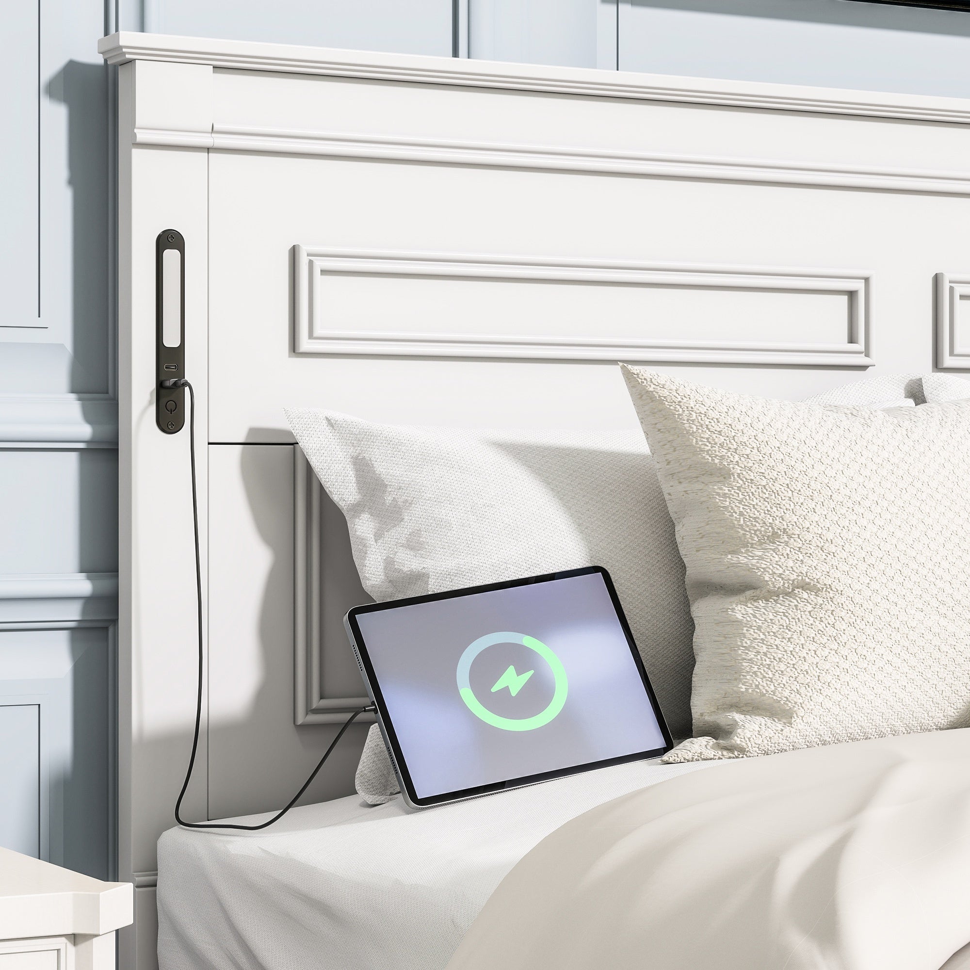 Bellemave® Farmhouse Solid Wood Platform Bed with 2 Storage Drawers,Tall Headboard,LED Lights & USB Charging Station - Bellemave