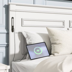 Bellemave® Farmhouse Solid Wood Platform Bed with 2 Storage Drawers,Tall Headboard,LED Lights & USB Charging Station - Bellemave