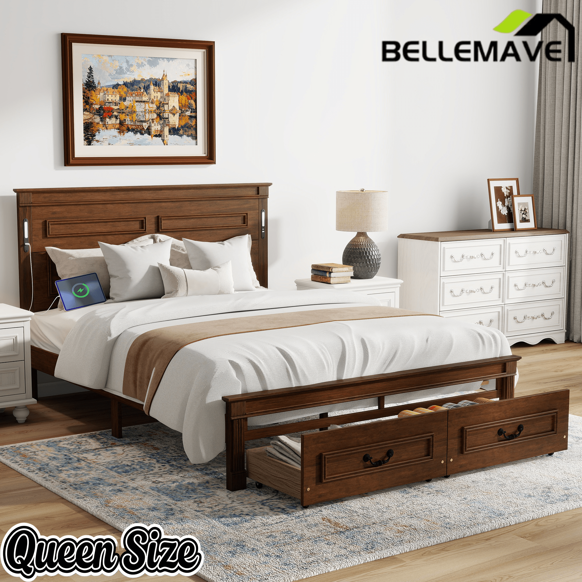Bellemave® Farmhouse Solid Wood Platform Bed with 2 Storage Drawers,Tall Headboard,LED Lights & USB Charging Station - Bellemave