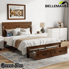 Bellemave® Farmhouse Solid Wood Platform Bed with 2 Storage Drawers,Tall Headboard,LED Lights & USB Charging Station - Bellemave