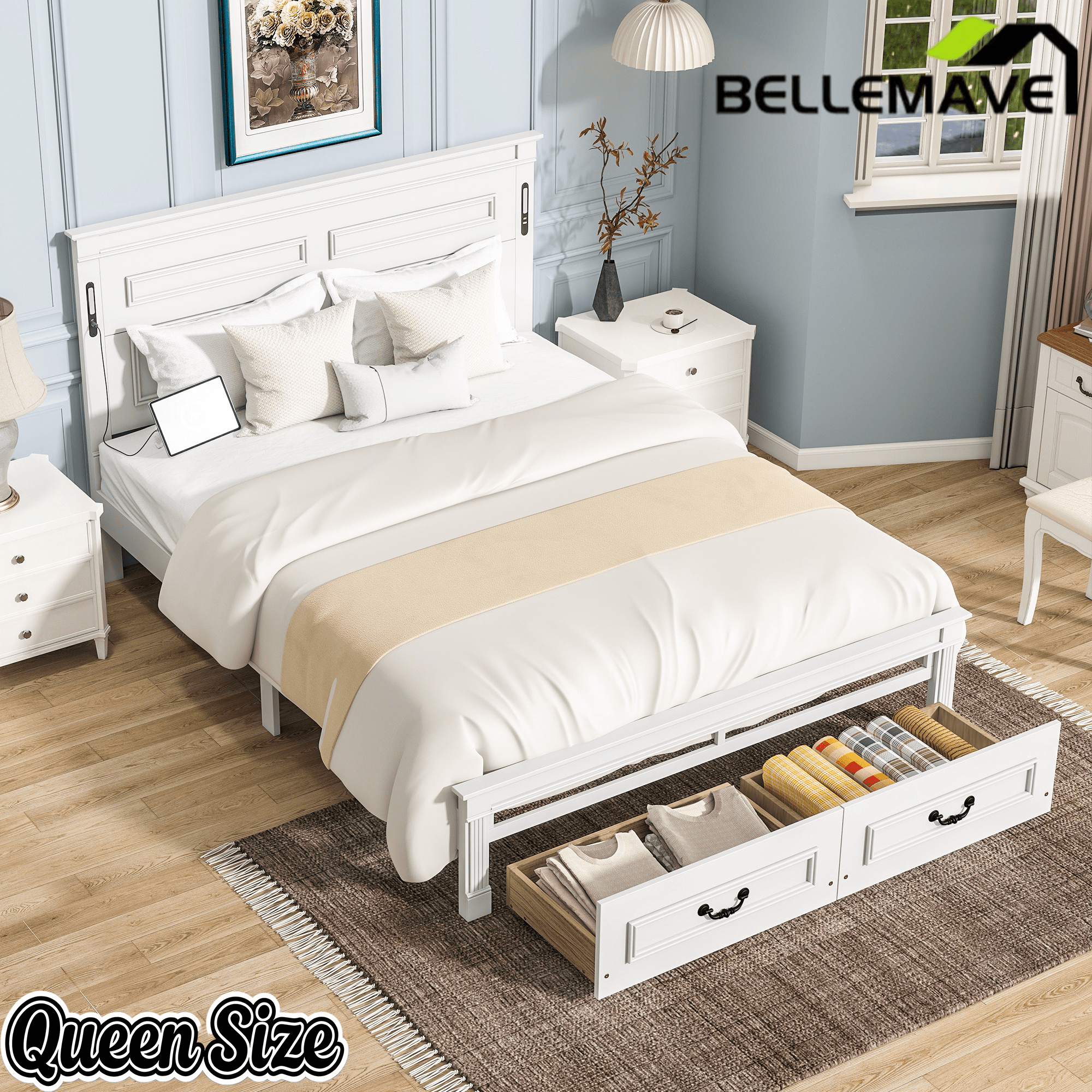 Bellemave® Farmhouse Solid Wood Platform Bed with 2 Storage Drawers,Tall Headboard,LED Lights & USB Charging Station - Bellemave