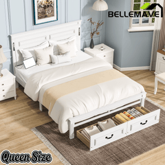 Bellemave® Farmhouse Solid Wood Platform Bed with 2 Storage Drawers,Tall Headboard,LED Lights & USB Charging Station - Bellemave