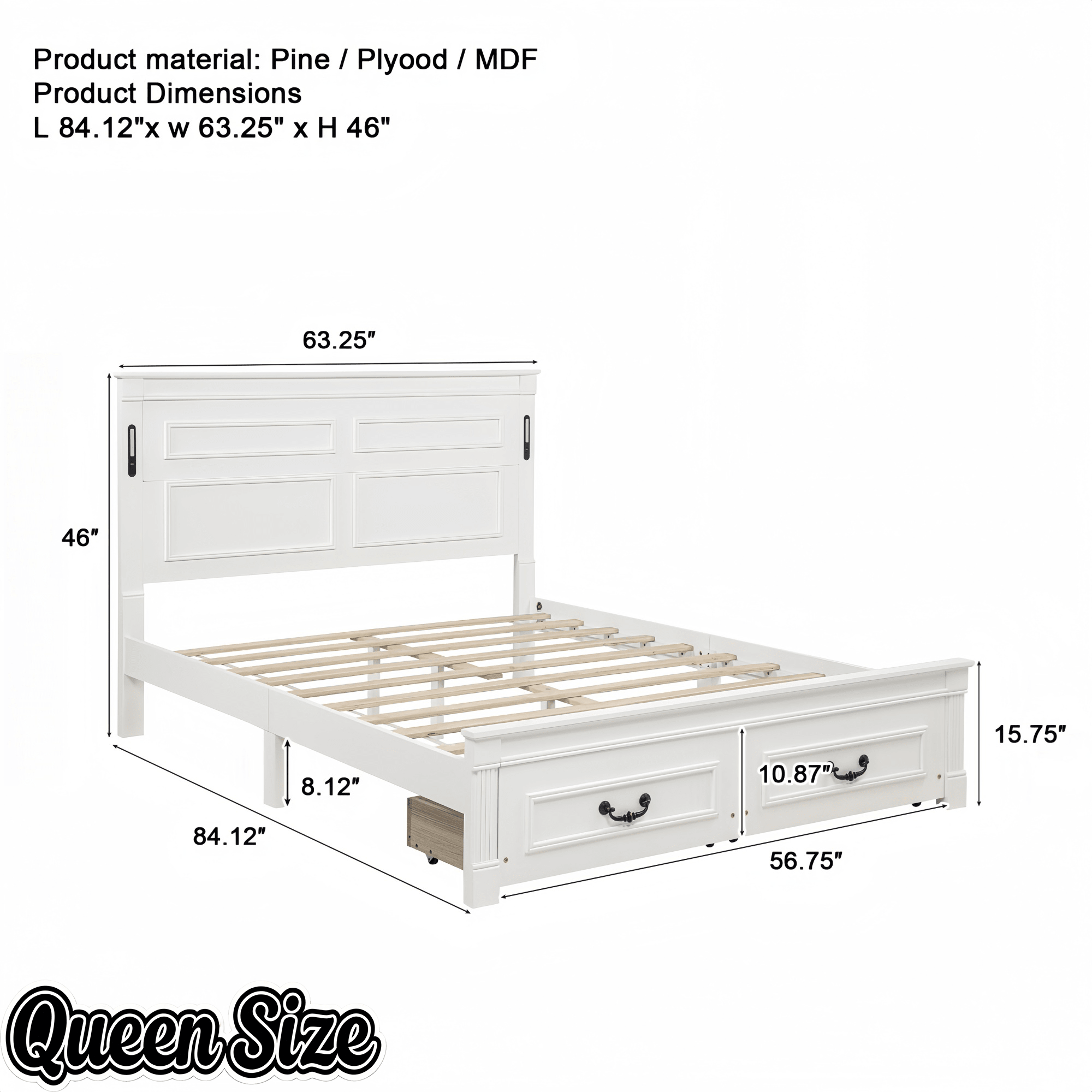 Bellemave® Farmhouse Solid Wood Platform Bed with 2 Storage Drawers,Tall Headboard,LED Lights & USB Charging Station - Bellemave
