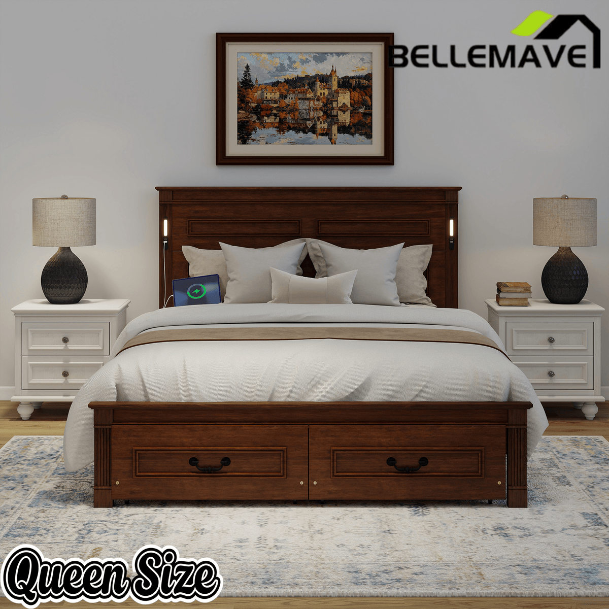 Bellemave® Farmhouse Solid Wood Platform Bed with 2 Storage Drawers,Tall Headboard,LED Lights & USB Charging Station - Bellemave