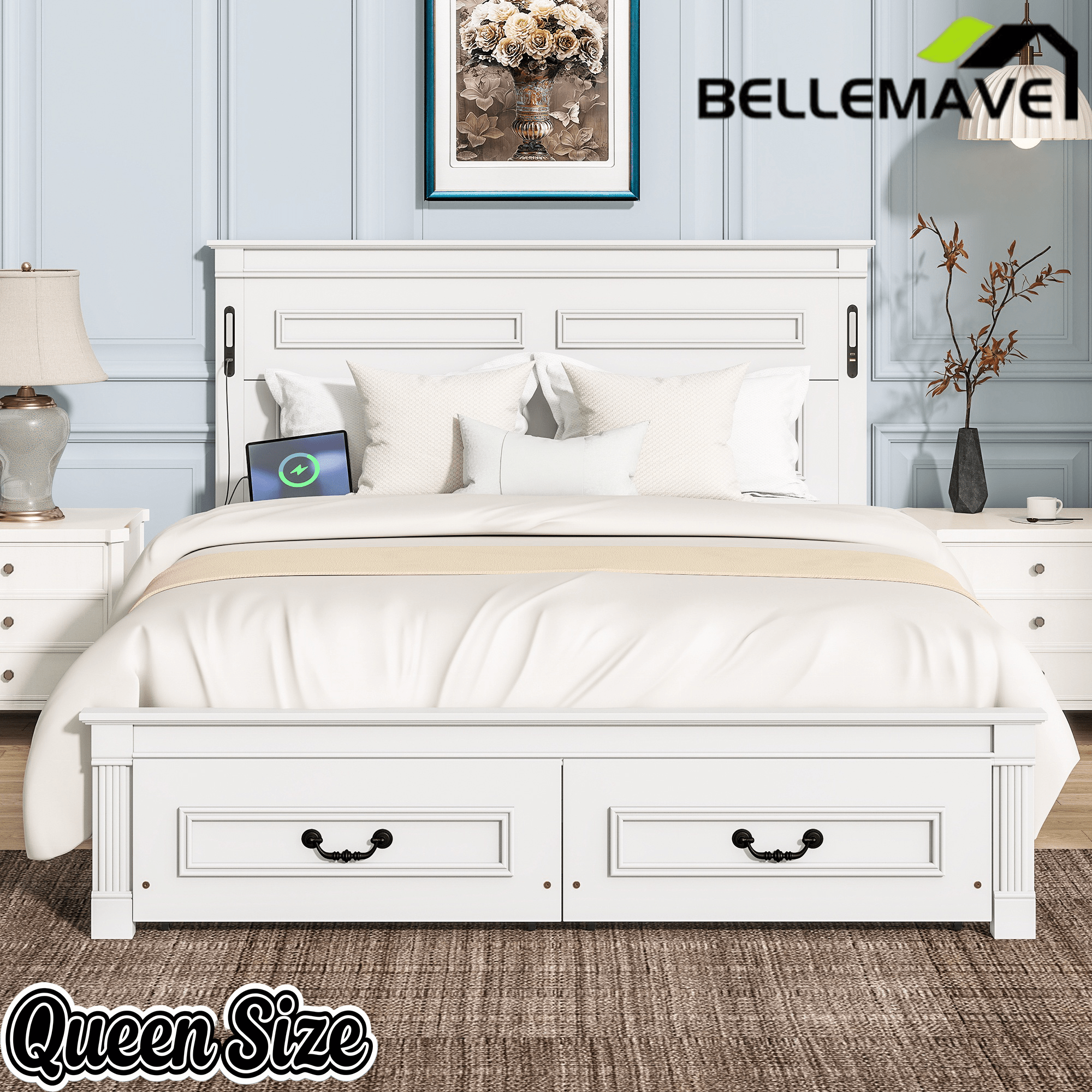 Bellemave® Farmhouse Solid Wood Platform Bed with 2 Storage Drawers,Tall Headboard,LED Lights & USB Charging Station - Bellemave