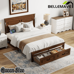Bellemave® Farmhouse Solid Wood Platform Bed with 2 Storage Drawers,Tall Headboard,LED Lights & USB Charging Station - Bellemave