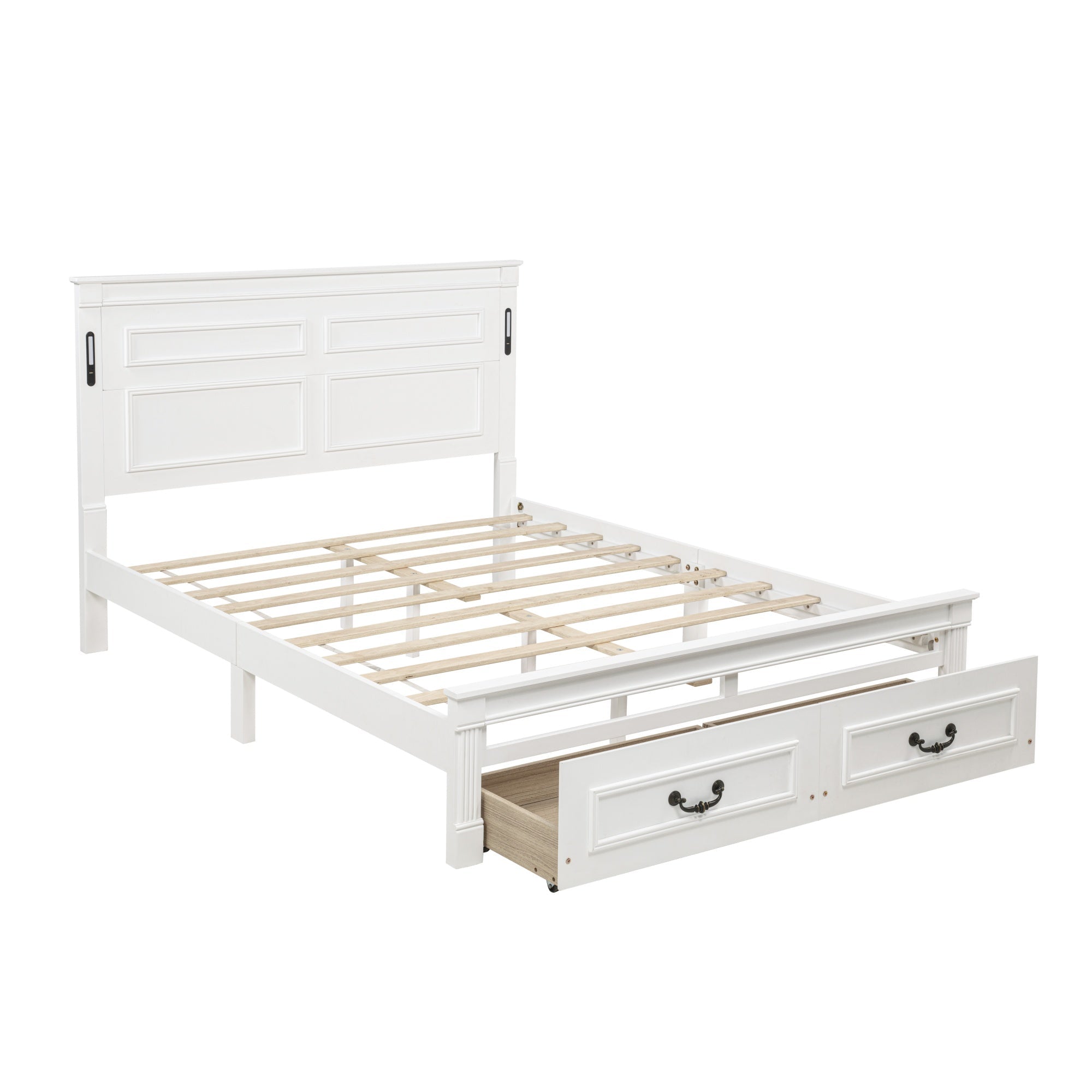 Bellemave® Farmhouse Solid Wood Platform Bed with 2 Storage Drawers,Tall Headboard,LED Lights & USB Charging Station - Bellemave