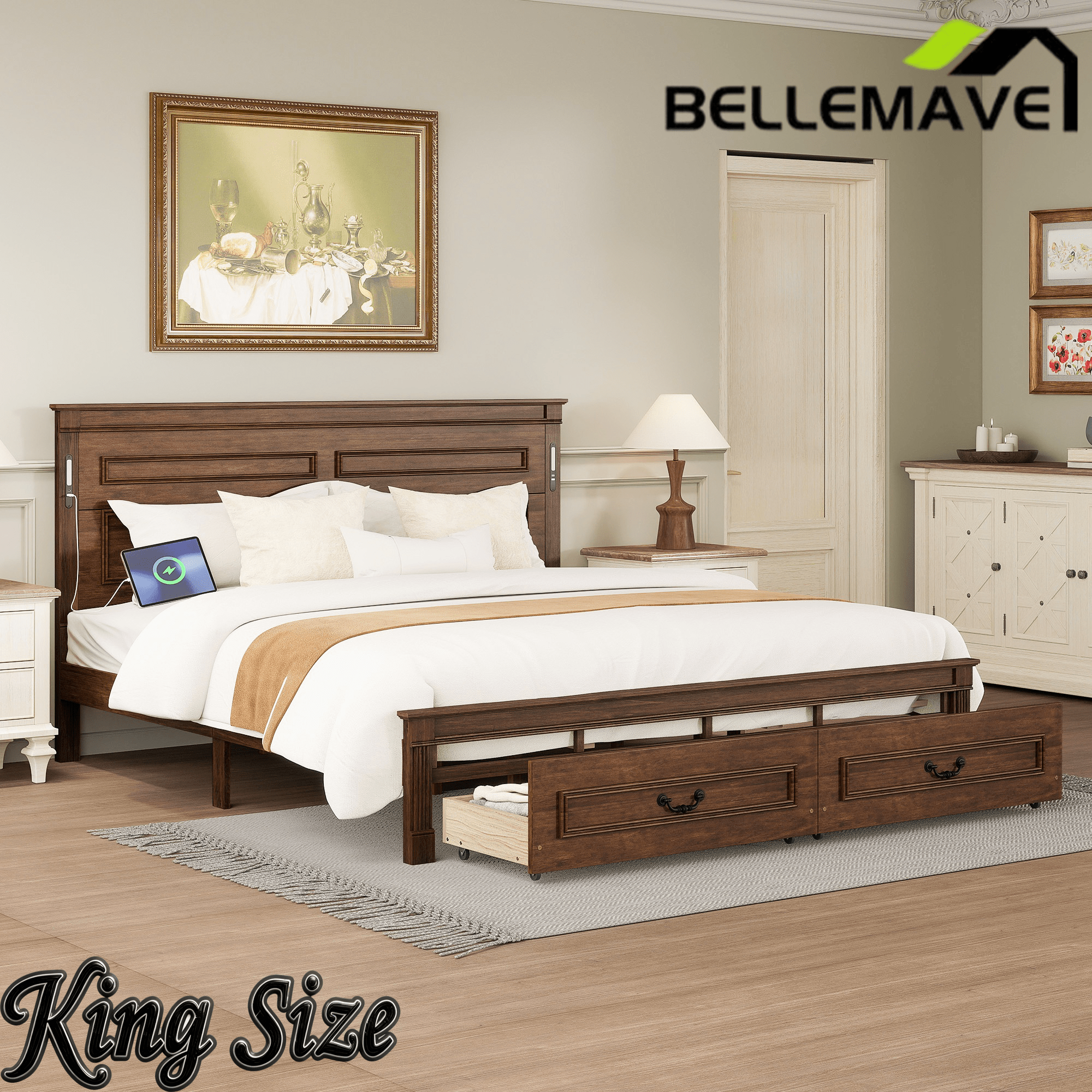 Bellemave® Farmhouse Solid Wood Platform Bed with 2 Storage Drawers,Tall Headboard,LED Lights & USB Charging Station - Bellemave