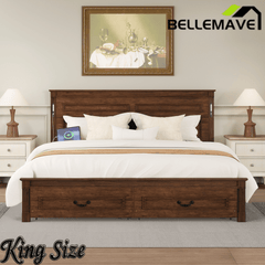 Bellemave® Farmhouse Solid Wood Platform Bed with 2 Storage Drawers,Tall Headboard,LED Lights & USB Charging Station - Bellemave