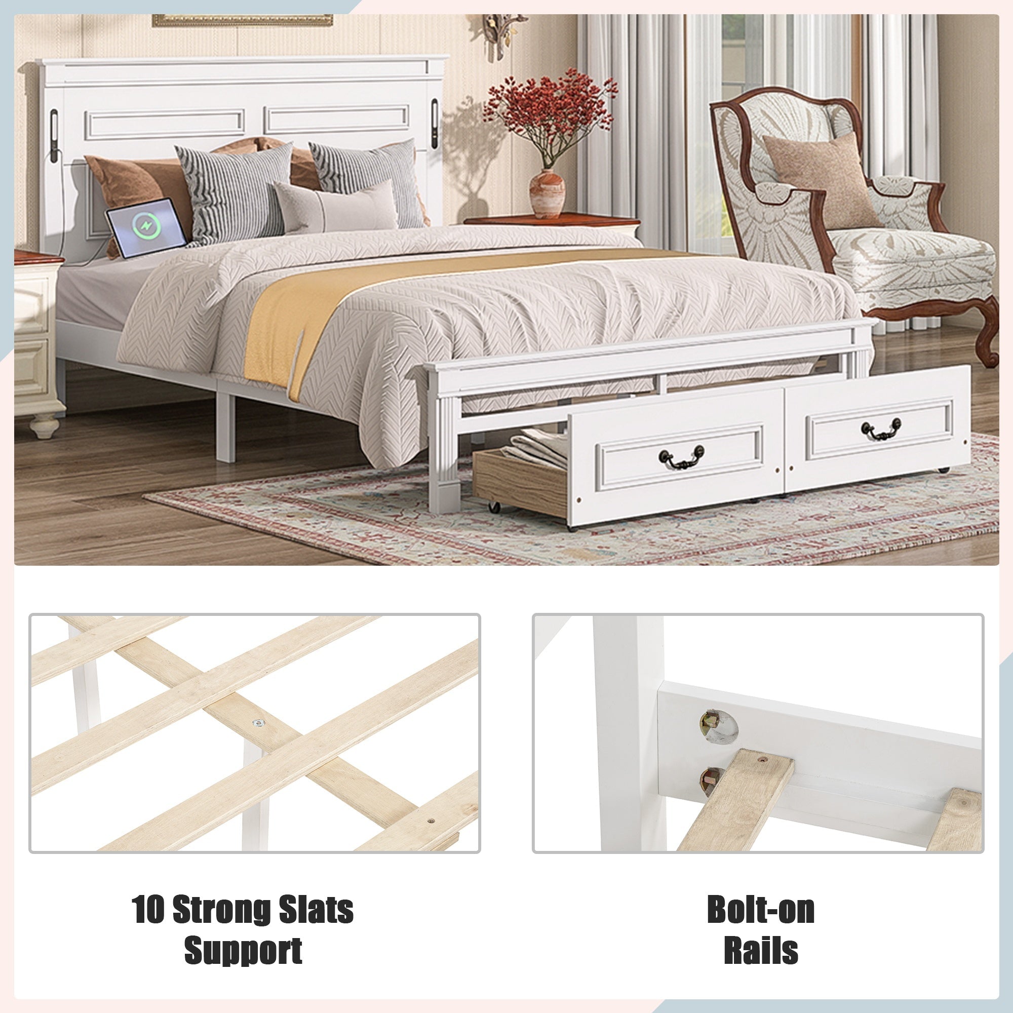 Bellemave® Farmhouse Solid Wood Platform Bed with 2 Storage Drawers,Tall Headboard,LED Lights & USB Charging Station - Bellemave