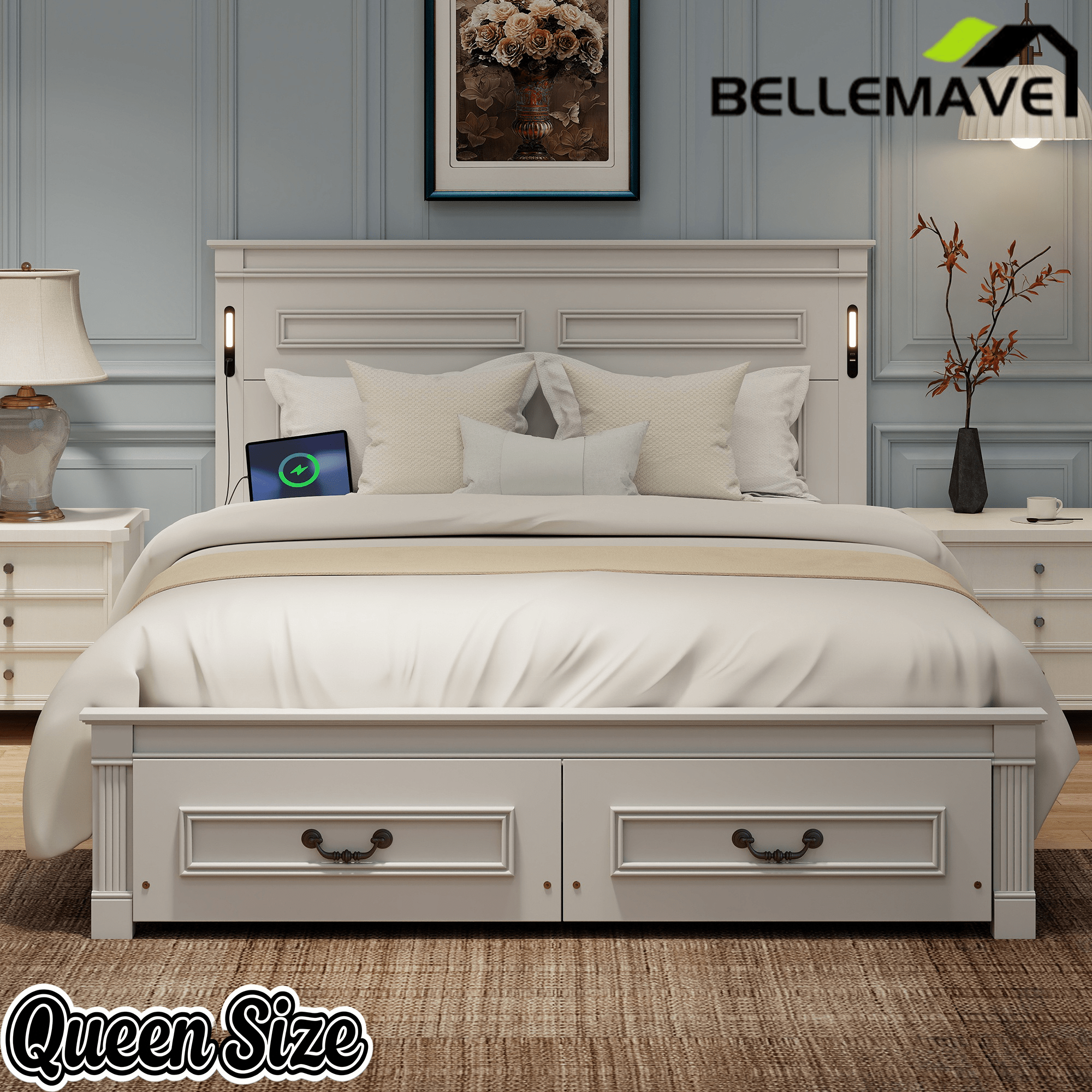 Bellemave® Farmhouse Solid Wood Platform Bed with 2 Storage Drawers,Tall Headboard,LED Lights & USB Charging Station - Bellemave