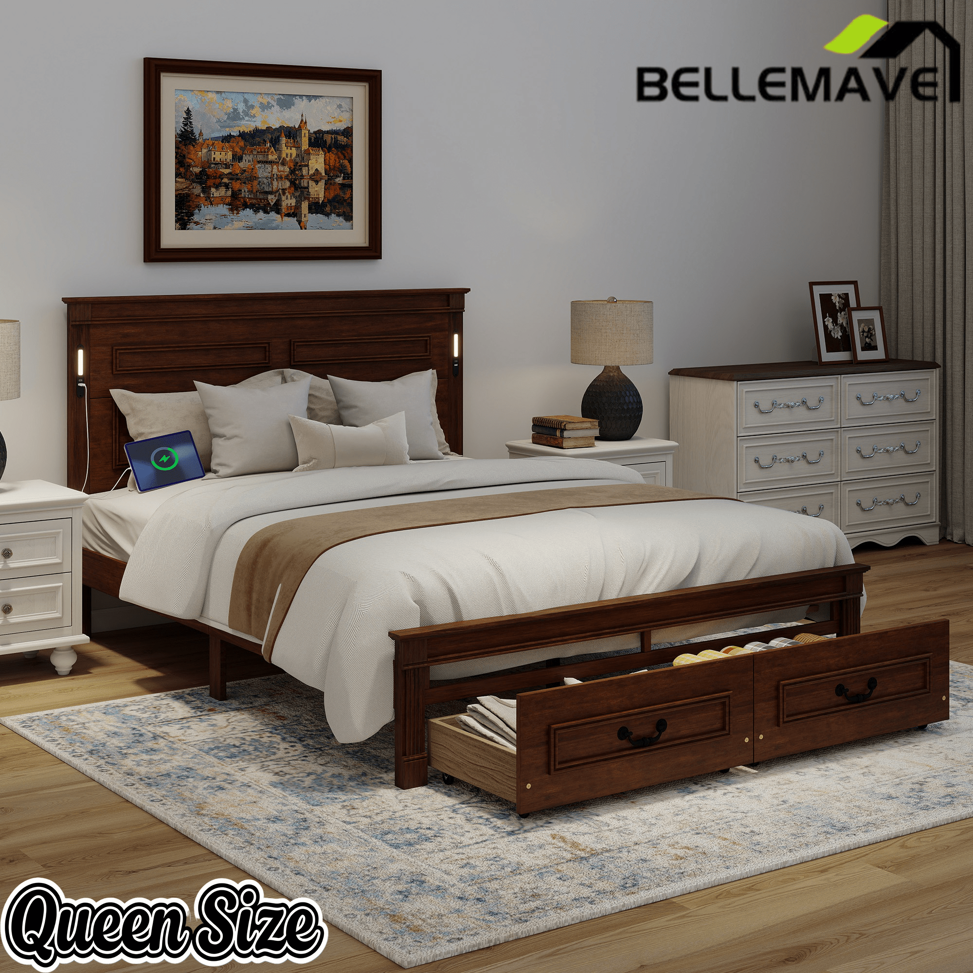 Bellemave® Farmhouse Solid Wood Platform Bed with 2 Storage Drawers,Tall Headboard,LED Lights & USB Charging Station - Bellemave