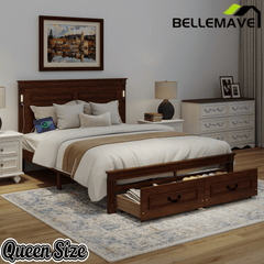 Bellemave® Farmhouse Solid Wood Platform Bed with 2 Storage Drawers,Tall Headboard,LED Lights & USB Charging Station - Bellemave